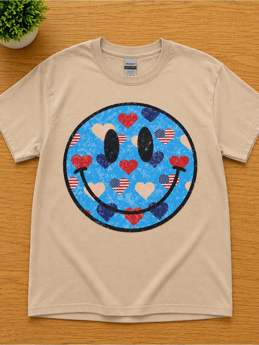 Gildan Tan Tee with Blue Heart Smiley Graphic